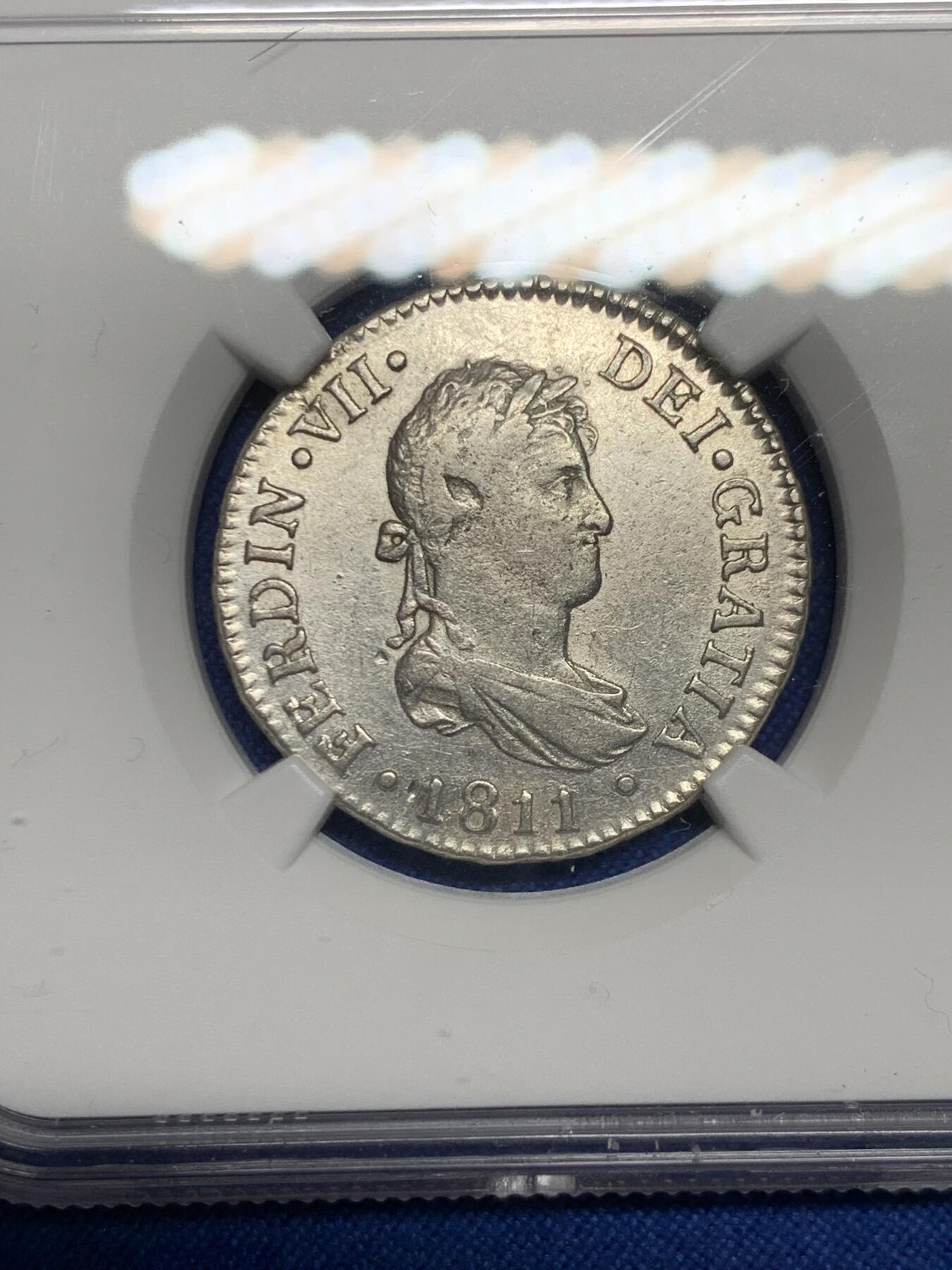 《竞宝斋》第277场- 周日，周一 2场连拍 （全场包邮） NGC AUD 西班牙1811斐迪南七世2雷亚尔银币