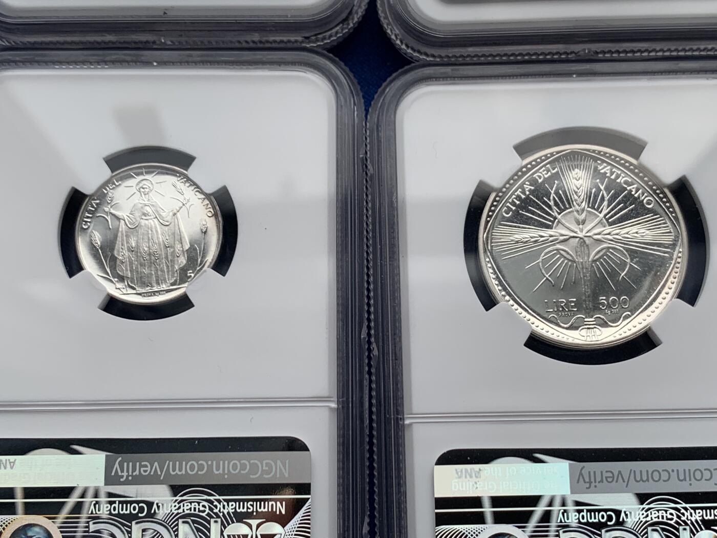 《竞宝斋》第277场- 周日，周一 2场连拍 （全场包邮） NGC PF65-67UC 梵蒂冈1968PROVA精制银样币 罗马造币厂，克书记载103套，实际难得一见。（2023年8月HA成交一套近似的1959年8枚套PROVA样币，成交价1920美金）。此套8枚全部评为深度镜面UC级，且全套冠军分，极品带原盒（有损）。附赠该样币对应的同年份BU级流通套（主币为银币），市场价值160元，相对少见。