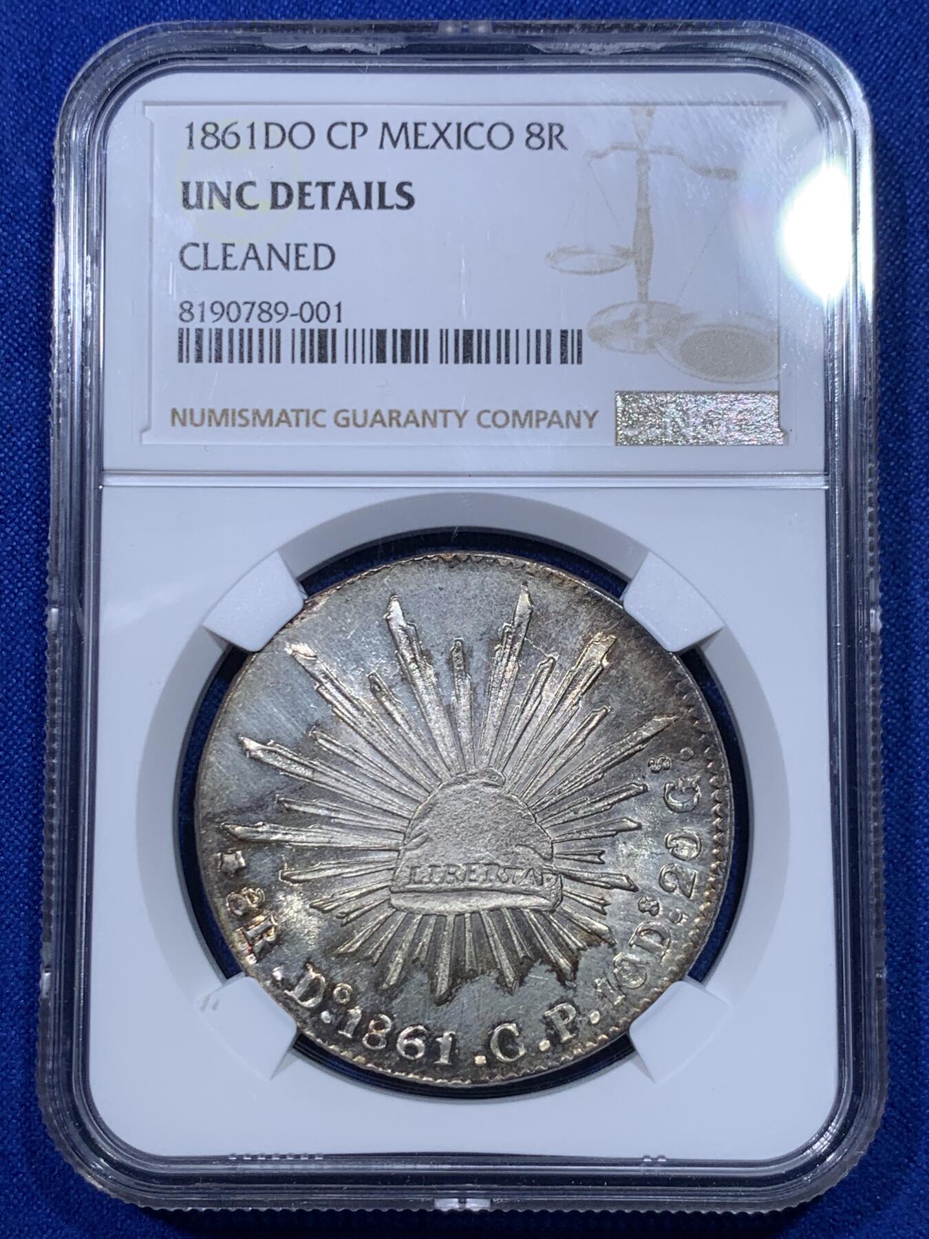 《竞宝斋》第277场- 周日，周一 2场连拍 （全场包邮） NGC UNCD 墨西哥 1861年 8瑞尔 鹰洋 银币 中期Do厂 底板镜面感很好 不知道为什么没给分 有1861/0骑字痕迹 可博分