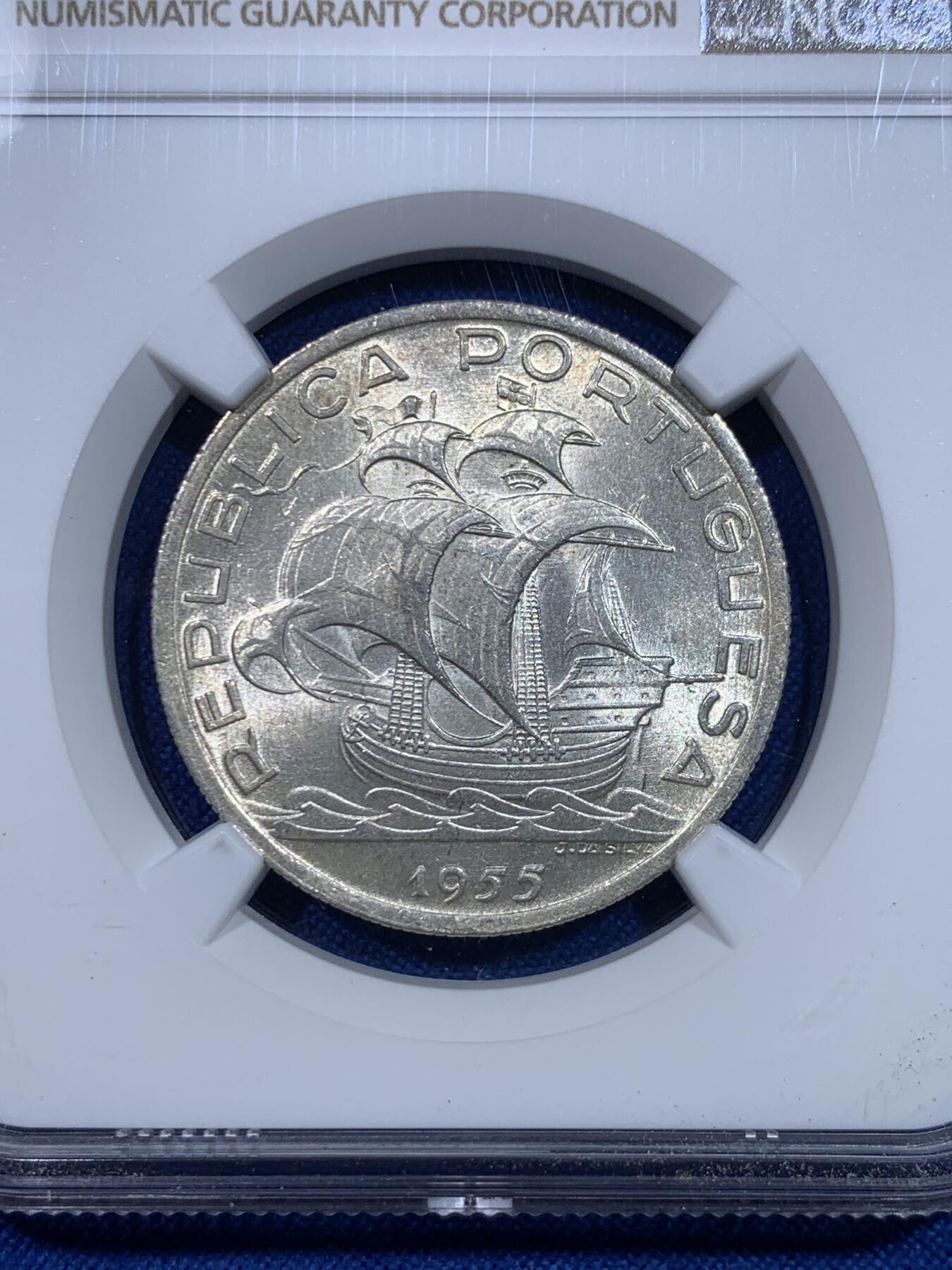 《竞宝斋》第277场- 周日，周一 2场连拍 （全场包邮） NGC MS64 葡萄牙1955年大帆船10埃斯库多银币