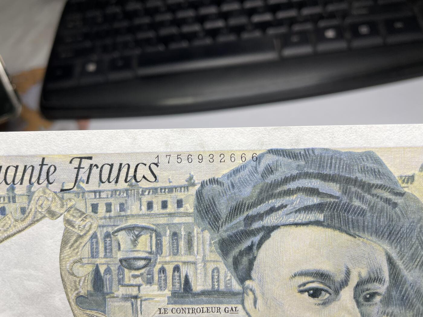 2024年集古藏今外币拍卖第八期-第10场—（总第80拍）-纸币专场，本场拍完结算发货，本期寄存的2-3天内完成发货，再进行下一期拍卖。 全新法国50法郎，豹子号666