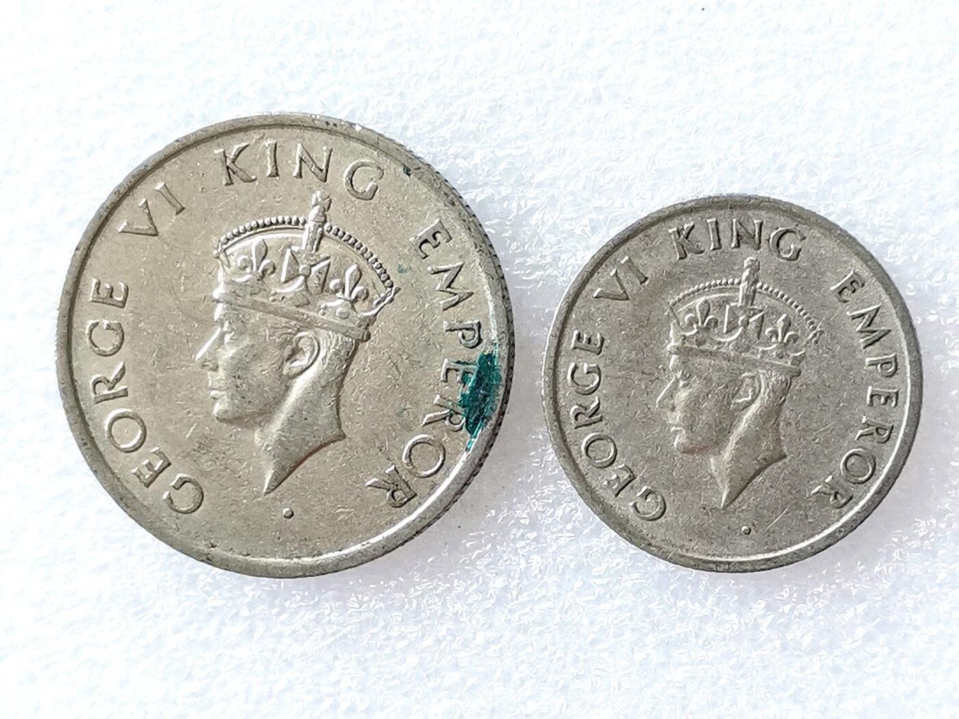 第一海外回流一元起拍收藏 散币专场 第96期 英属印度1947年1/2+1/4卢比 乔治六世