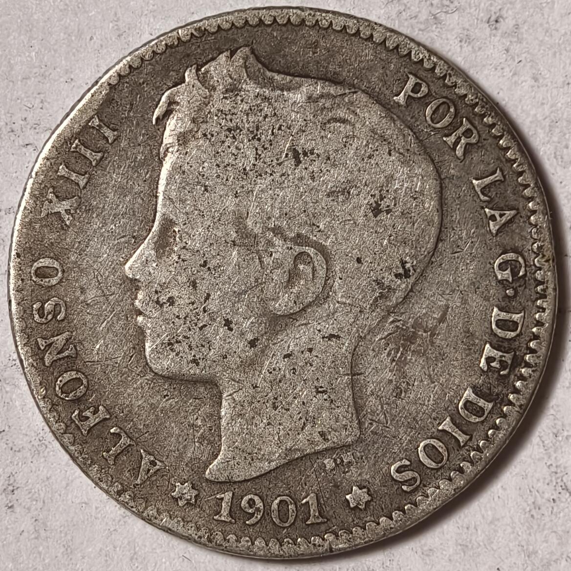 紫瑗钱币——第382期拍卖 西班牙 1901年 阿方索十三世 小孩头 1比塞塔 5克 0.835银