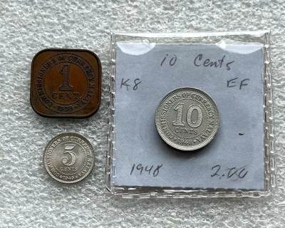 苏联铜章、瑞士银章，千禧年银币，各国纪念银币，老铜银币等，彼得堡世界钱币勋章拍卖第99期（端午假期周日一两连拍、更新中） - 英属马来亚乔治六世1939-1948年1、5、10分3枚套，含1943年5分小银币、UNC原光好品