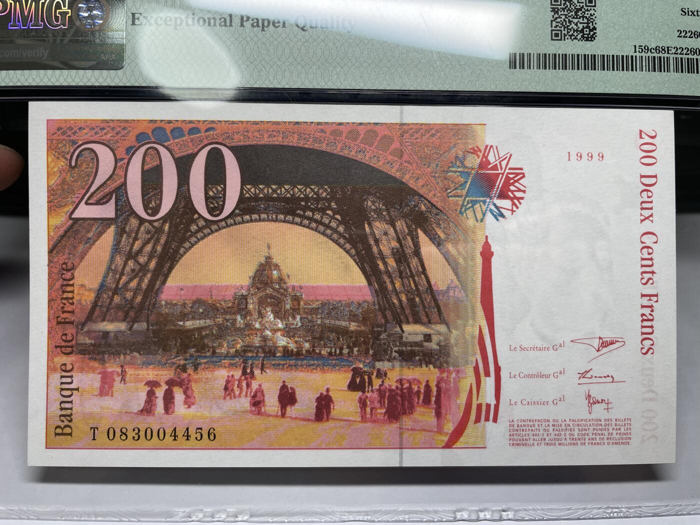 2024年集古藏今外币拍卖第八期-第10场—（总第80拍）-纸币专场，本场拍完结算发货，本期寄存的2-3天内完成发货，再进行下一期拍卖。 1999年法国200法郎冠军分，Pmg68分，冠军分仅4张