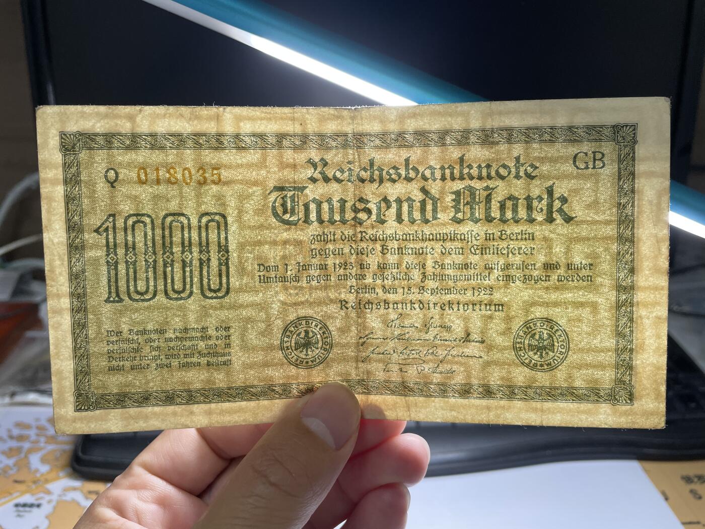 2024年集古藏今外币拍卖第八期-第10场—（总第80拍）-纸币专场，本场拍完结算发货，本期寄存的2-3天内完成发货，再进行下一期拍卖。 1922年德国1000马克