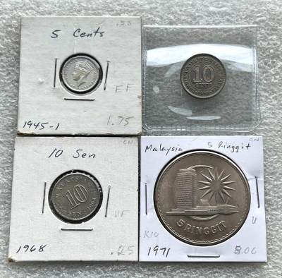 苏联铜章、瑞士银章，千禧年银币，各国纪念银币，老铜银币等，彼得堡世界钱币勋章拍卖第99期（端午假期周日一两连拍、更新中） - 英属马来亚、马来西亚币4枚，含乔治六世1945年5分小银币，1971年5林吉特克朗纪念币