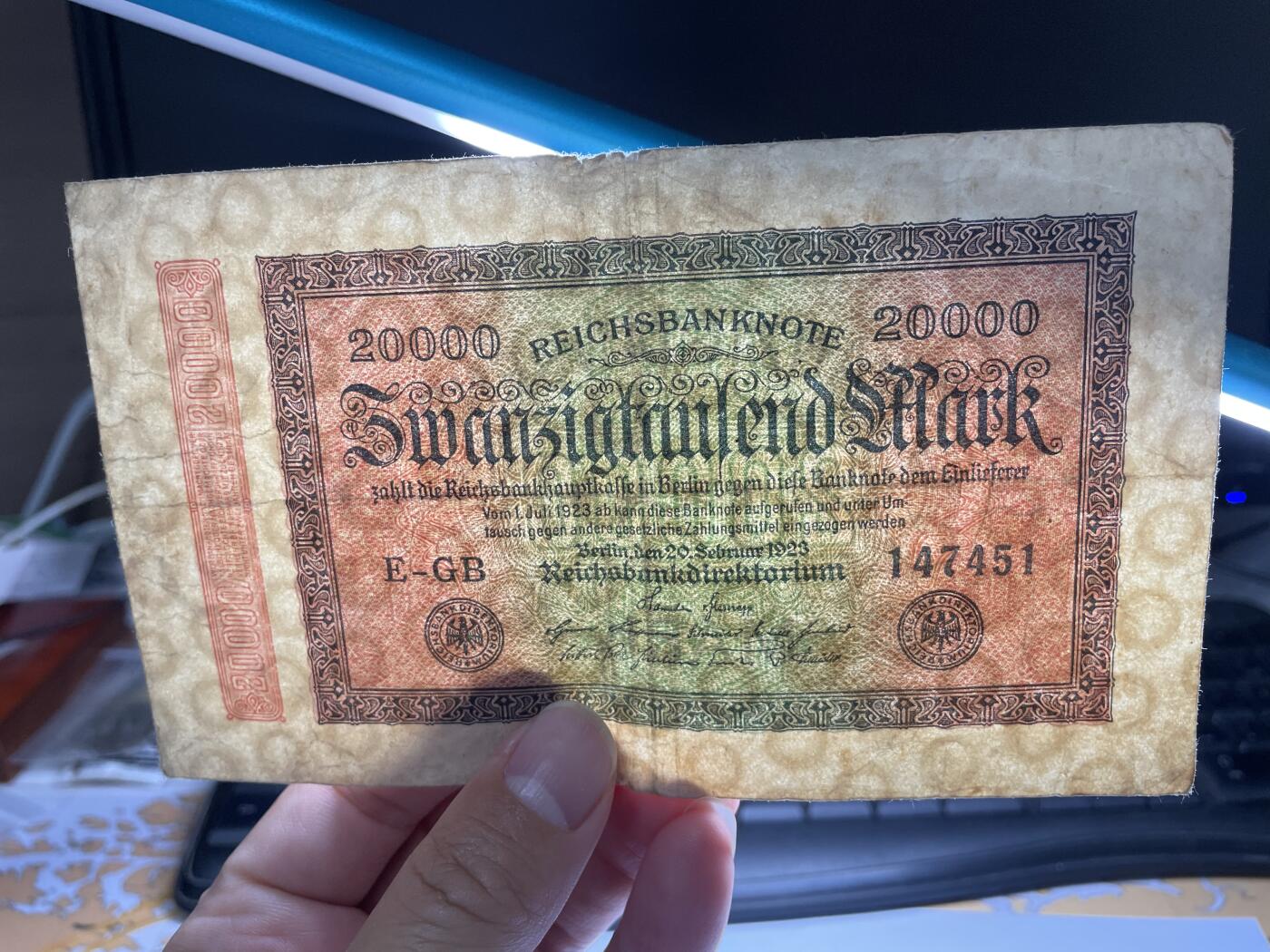 2024年集古藏今外币拍卖第八期-第10场—（总第80拍）-纸币专场，本场拍完结算发货，本期寄存的2-3天内完成发货，再进行下一期拍卖。 1923年德国20000马克
