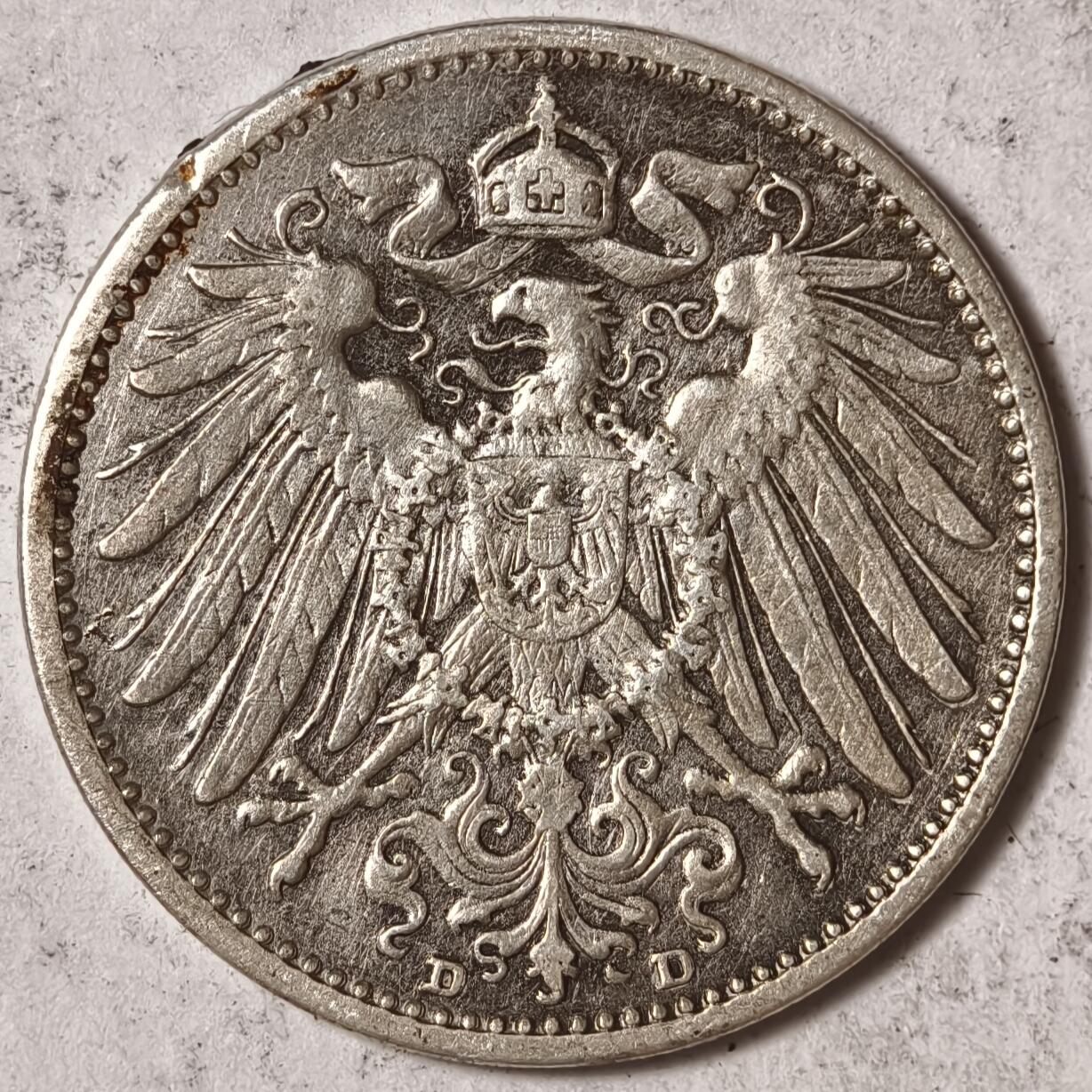 紫瑗钱币——第382期拍卖 德国 1907年 D版 第二帝国 长翅 1马克 银币 5.5克 0.9银