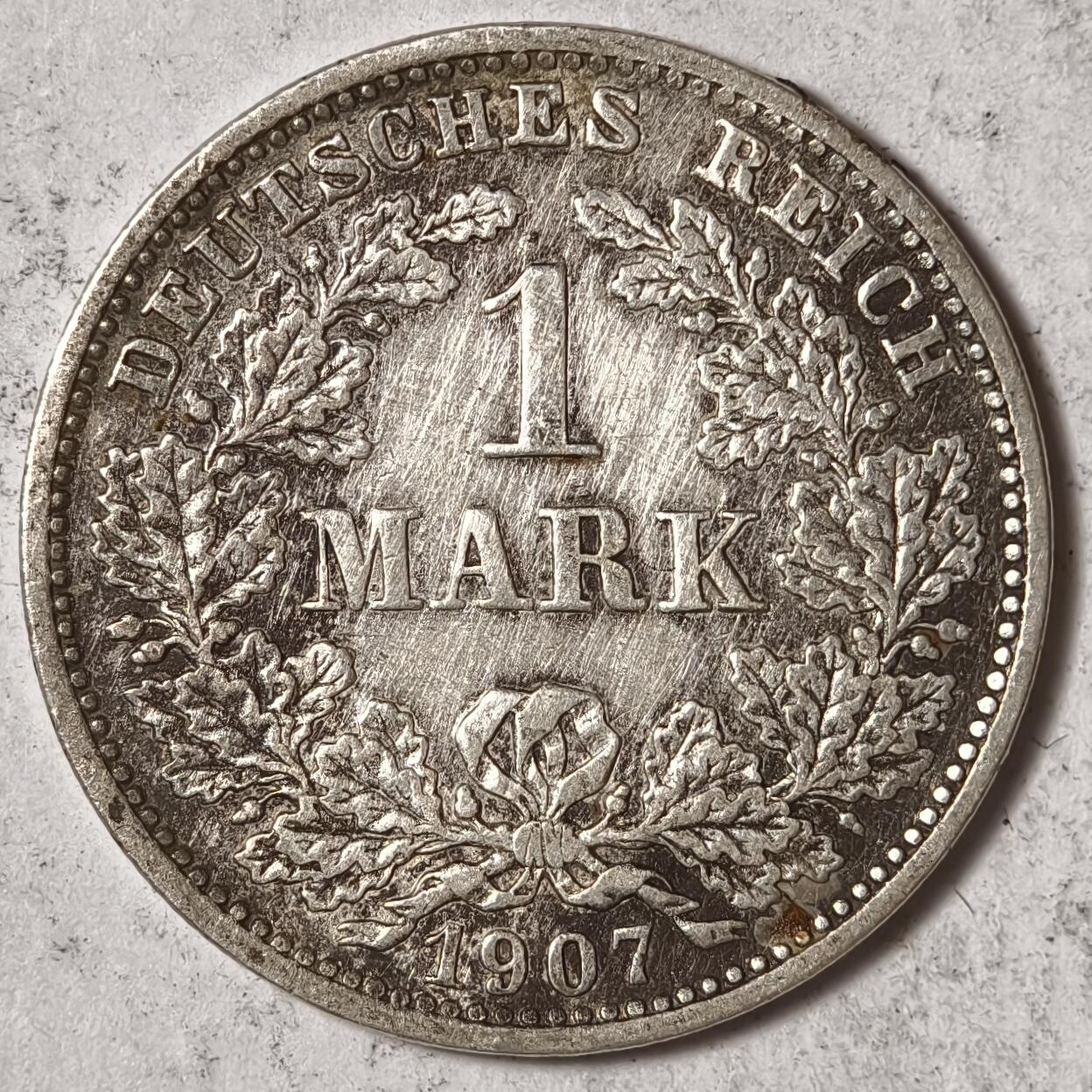 紫瑗钱币——第382期拍卖 德国 1907年 D版 第二帝国 长翅 1马克 银币 5.5克 0.9银