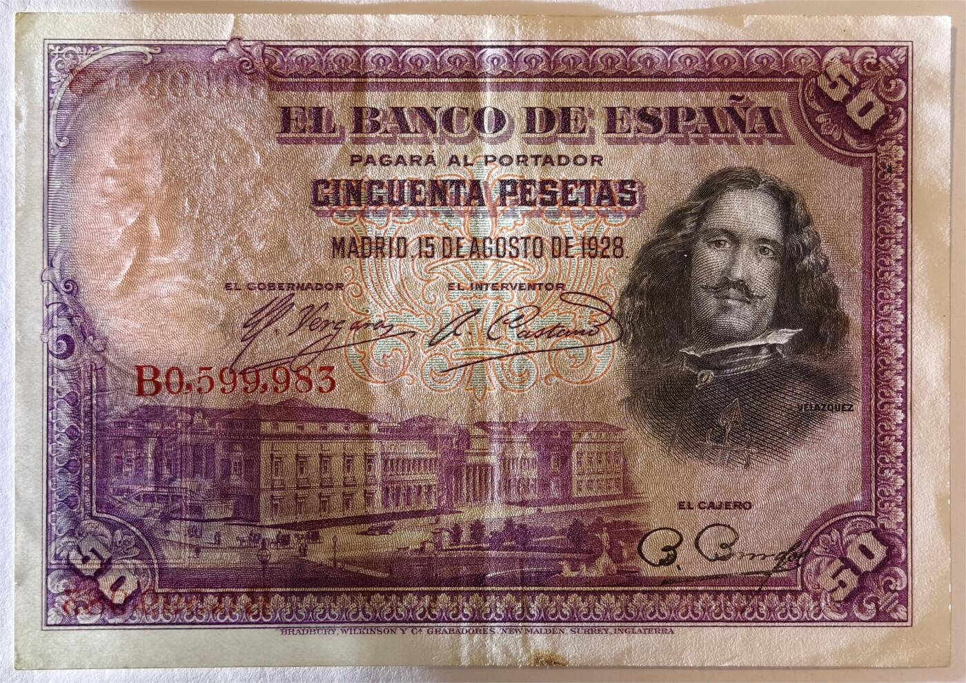 紫瑗钱币——第389期拍卖——纸币场 西班牙 1928年 油画《布雷达的献城》50比塞塔 UNC-