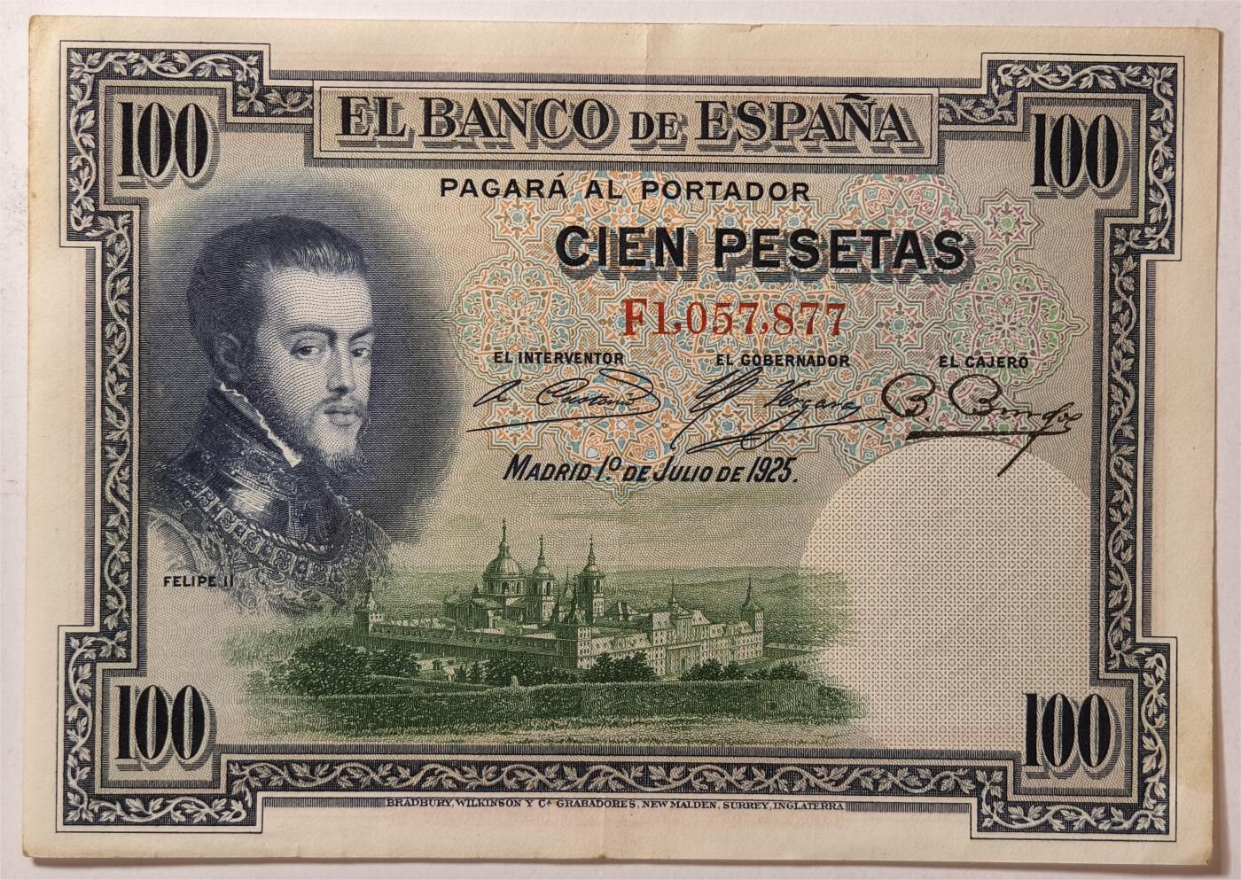 紫瑗钱币——第377期拍卖——纸币场 【双尾7】西班牙 1925年 油画《腓力二世的座椅》 100比塞塔 AU