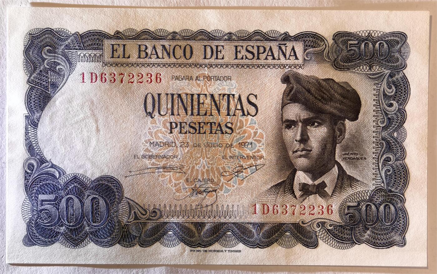 紫瑗钱币——第385期——纸币场 西班牙 1971年 (1973) 维达格尔 500比塞塔 UNC (P-153a)