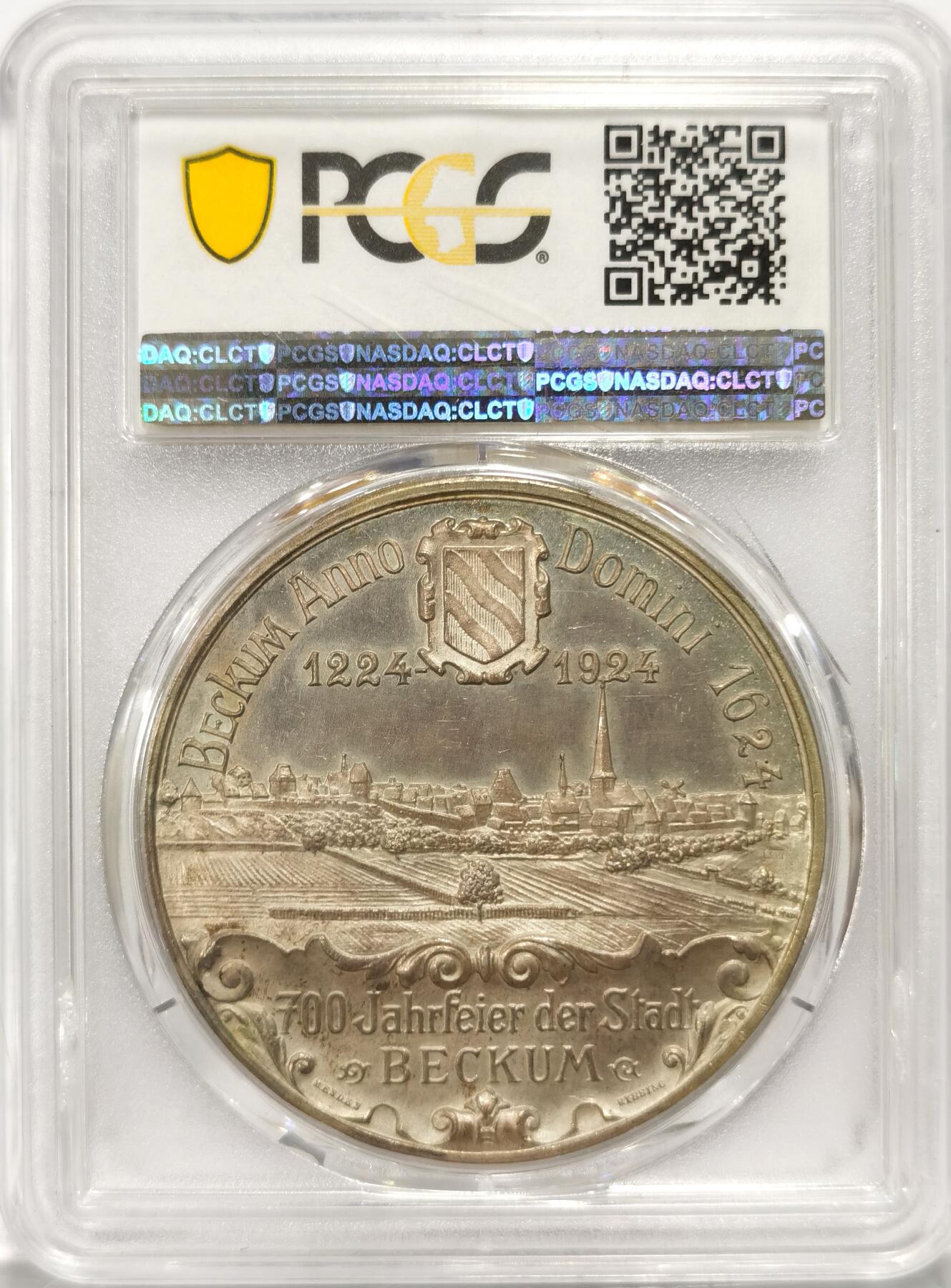 【麦稀奇世界钱币展】博洋堂“流萤染夏”六月精品专场暨第081期（全场包邮） PCGS SP65 1924年巴库姆市建立700周年纪念银章，N、P双料唯一冠军分，极罕见的品种，超高浮雕，城市景观栩栩如生，工艺炉火纯青。平常多见银镀金，纯银极罕见。2019年EBAY银镀金同分3200元人民币成交