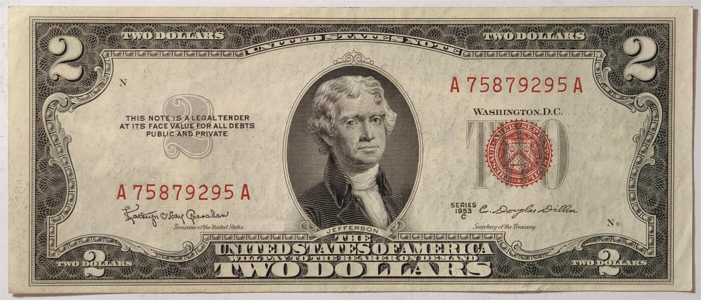 紫瑗钱币——第363期拍卖——纸币场 美国 1953年 C序列 托马斯·杰斐逊 2美元 红印 政府券 AU
