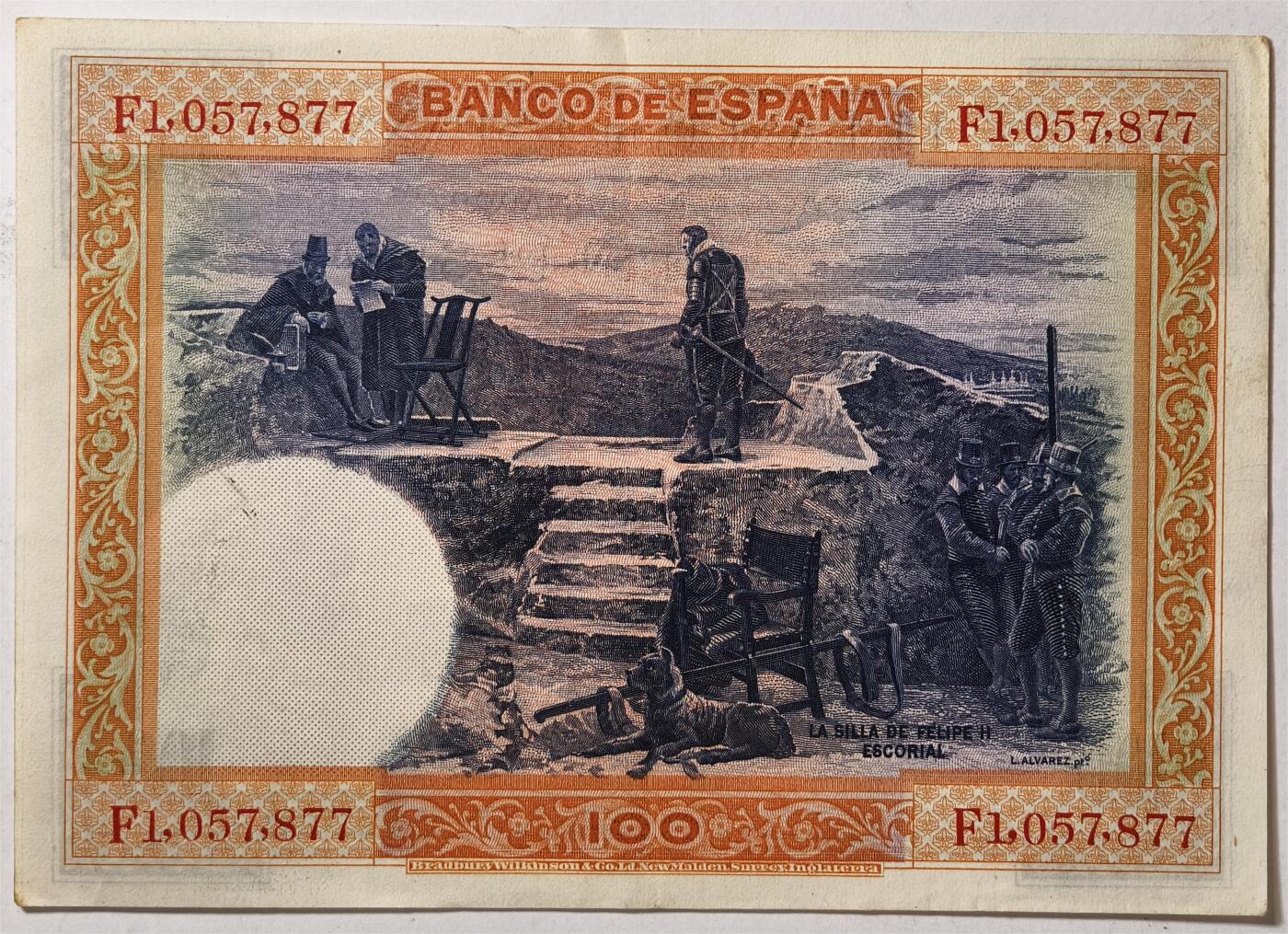 紫瑗钱币——第377期拍卖——纸币场 【双尾7】西班牙 1925年 油画《腓力二世的座椅》 100比塞塔 AU