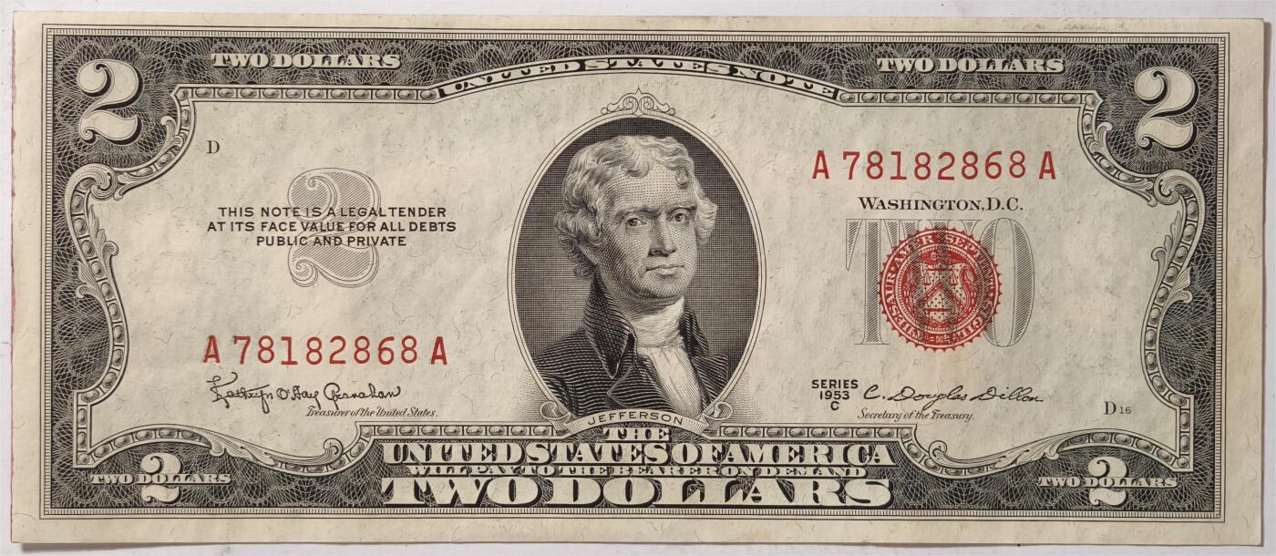 紫瑗钱币——第363期拍卖——纸币场 美国 1953年 C序列 托马斯·杰斐逊 2美元 红印 政府券 AU