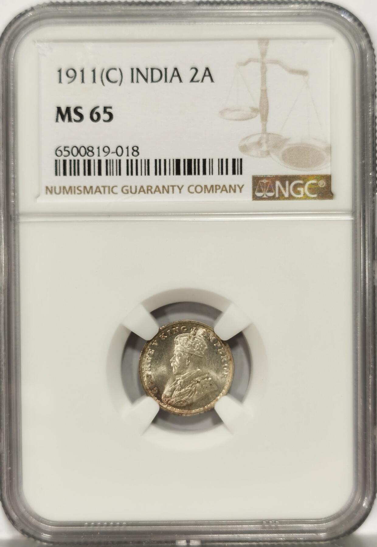 【麦稀奇世界钱币展】博洋堂“流萤染夏”六月精品专场暨第081期（全场包邮） NGC MS65 1911印度2安娜猪卢比，印度经典品种，顶级品相，南亚印度玩家的必藏品种，比猪1卢比稀少很多，麦稀奇首见