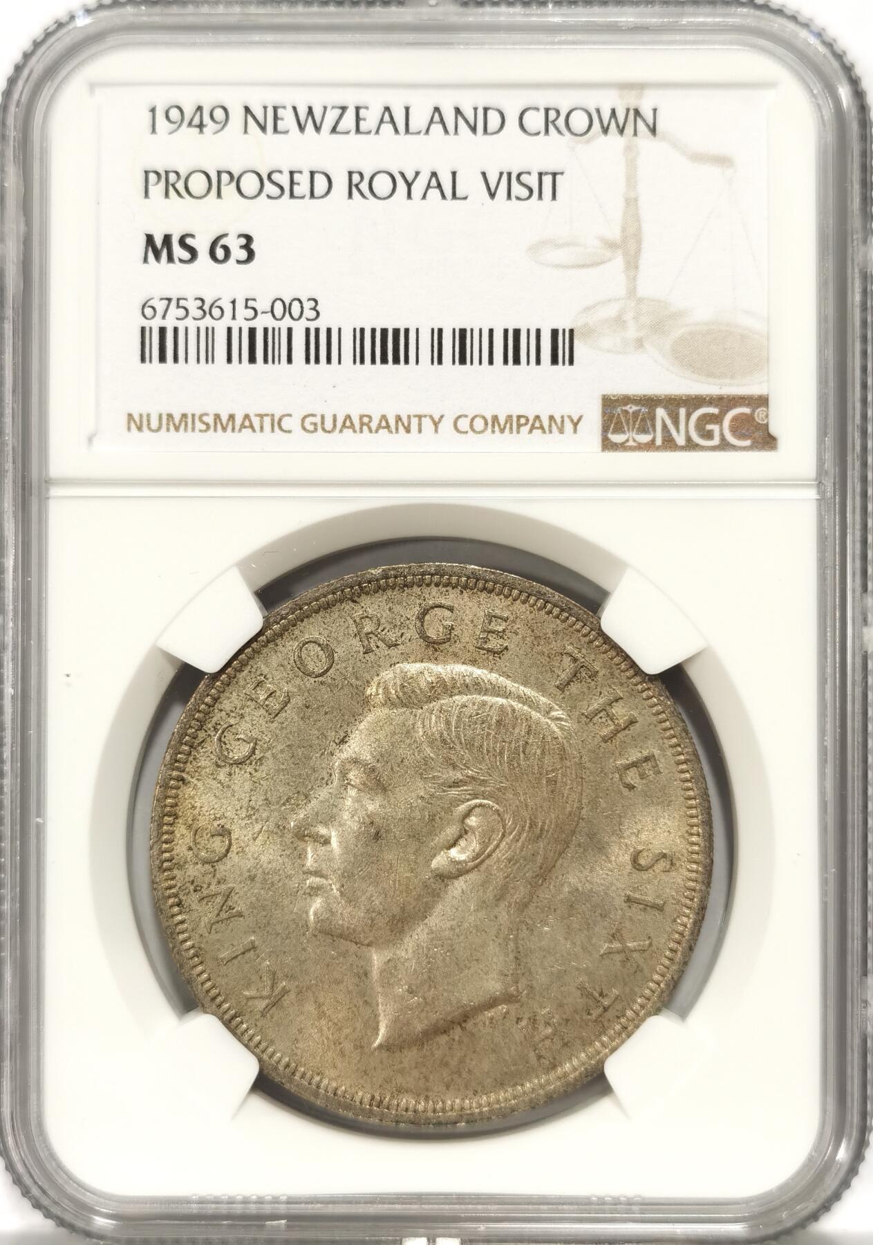 【麦稀奇世界钱币展】博洋堂“流萤染夏”六月精品专场暨第081期（全场包邮） NGC MS63 新西兰1949年乔六1克朗，BU品相，背面起码65分的状态