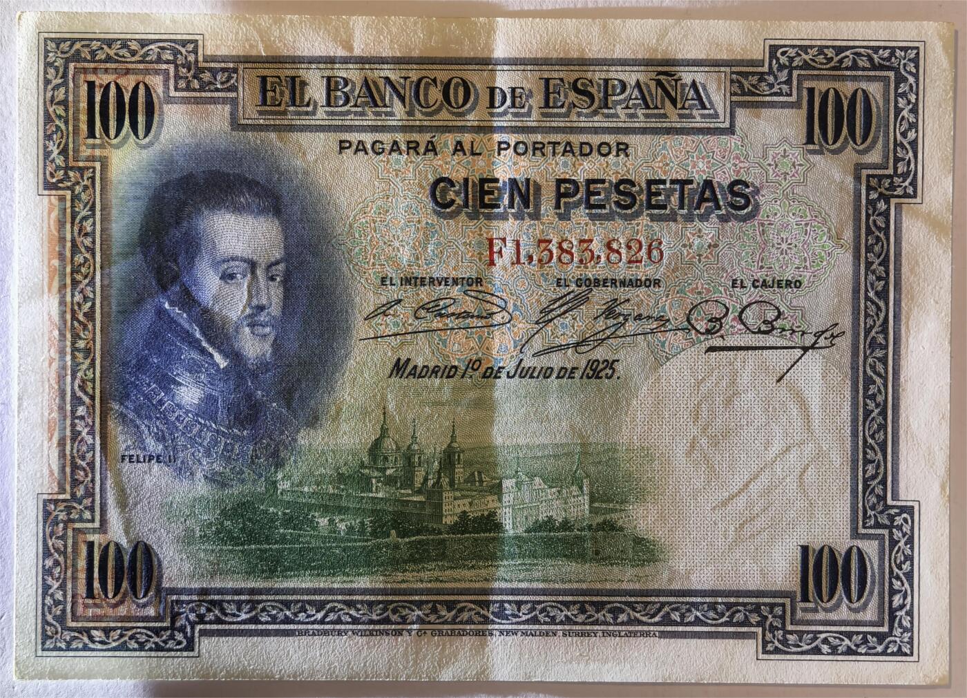 紫瑗钱币——第363期拍卖——纸币场 西班牙 1925年 油画《腓力二世的座椅》 100比塞塔 AU