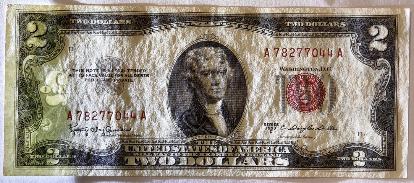 紫瑗钱币——第363期拍卖——纸币场 【双尾4】美国 1953年 C序列 托马斯·杰斐逊 2美元 红印 政府券 UNC-
