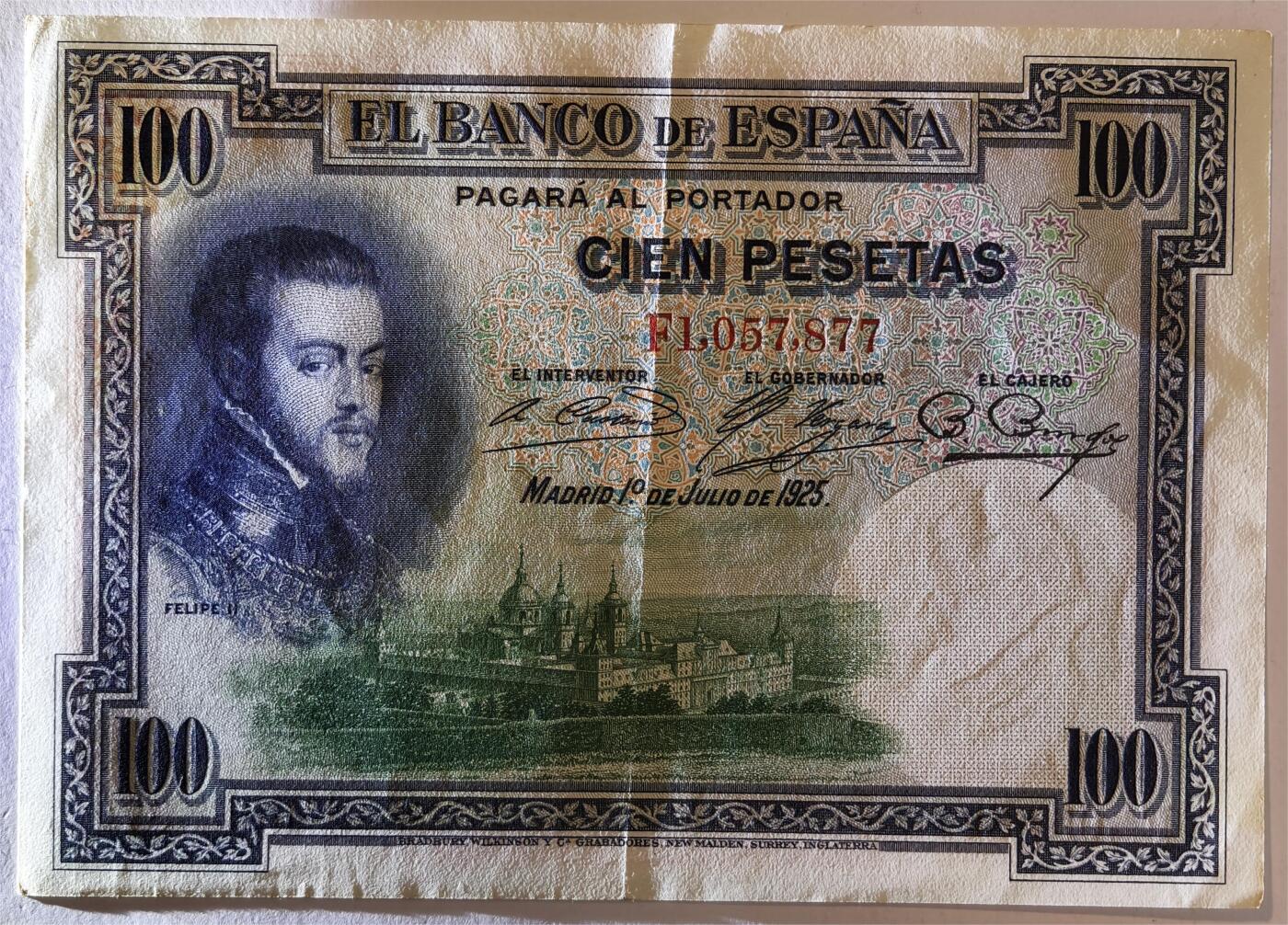 紫瑗钱币——第377期拍卖——纸币场 【双尾7】西班牙 1925年 油画《腓力二世的座椅》 100比塞塔 AU