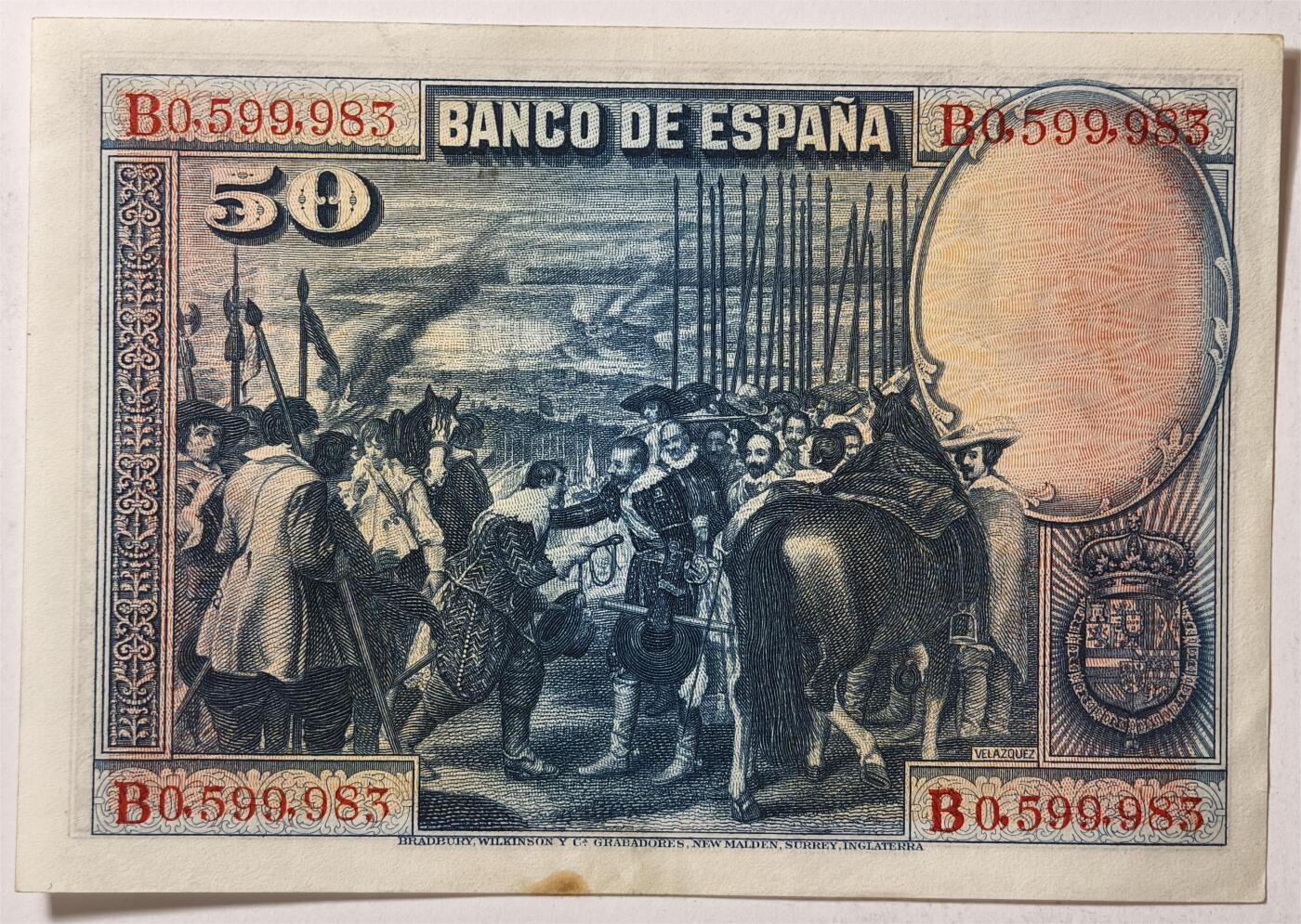 紫瑗钱币——第389期拍卖——纸币场 西班牙 1928年 油画《布雷达的献城》50比塞塔 UNC-