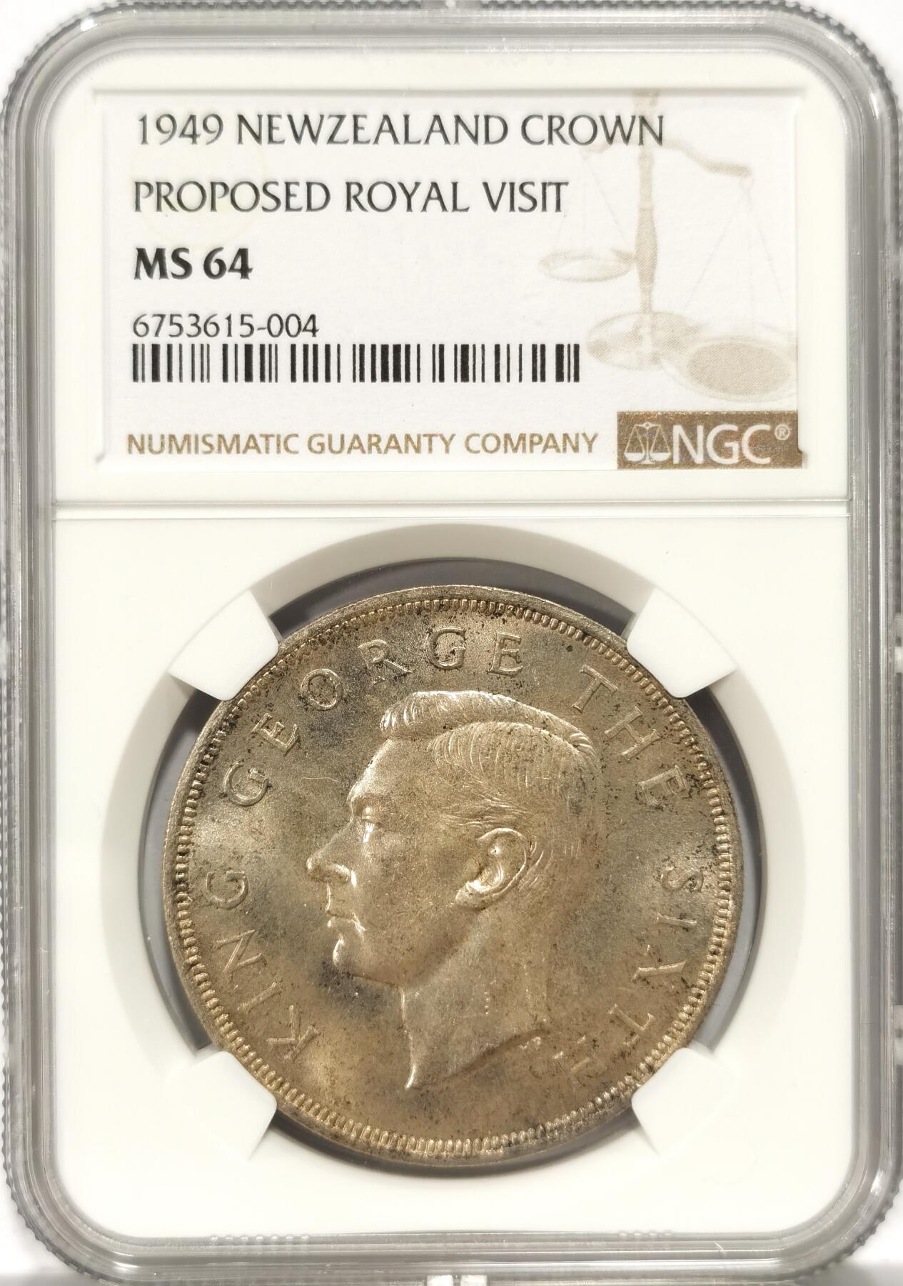 【麦稀奇世界钱币展】博洋堂“流萤染夏”六月精品专场暨第081期（全场包邮） NGC MS64 新西兰1949年乔六1克朗，BU品相，原厂黄油覆盖币面