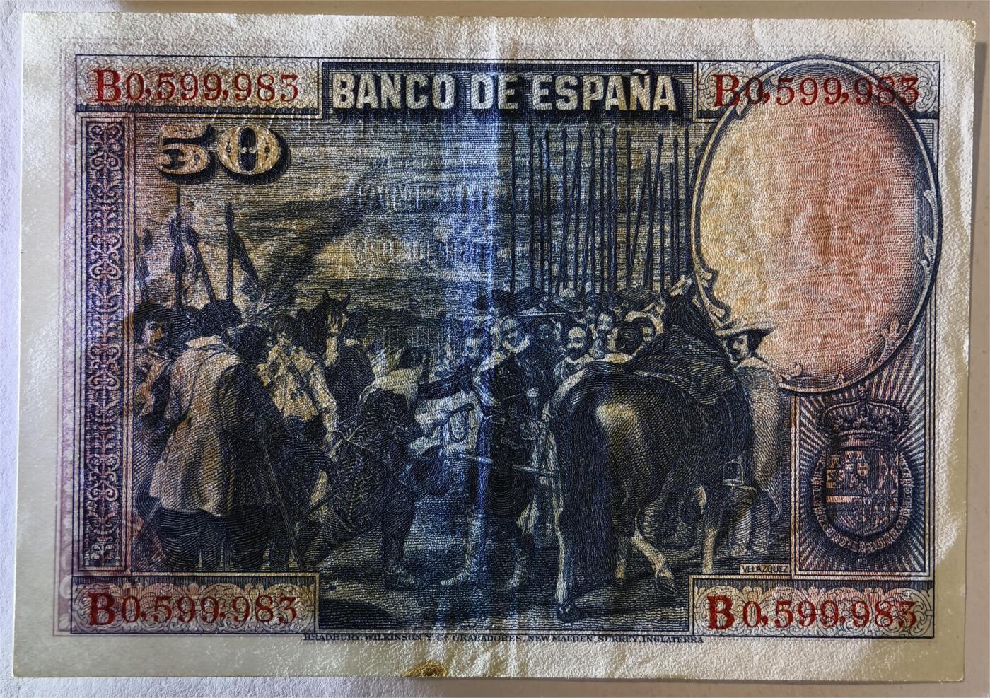 紫瑗钱币——第389期拍卖——纸币场 西班牙 1928年 油画《布雷达的献城》50比塞塔 UNC-