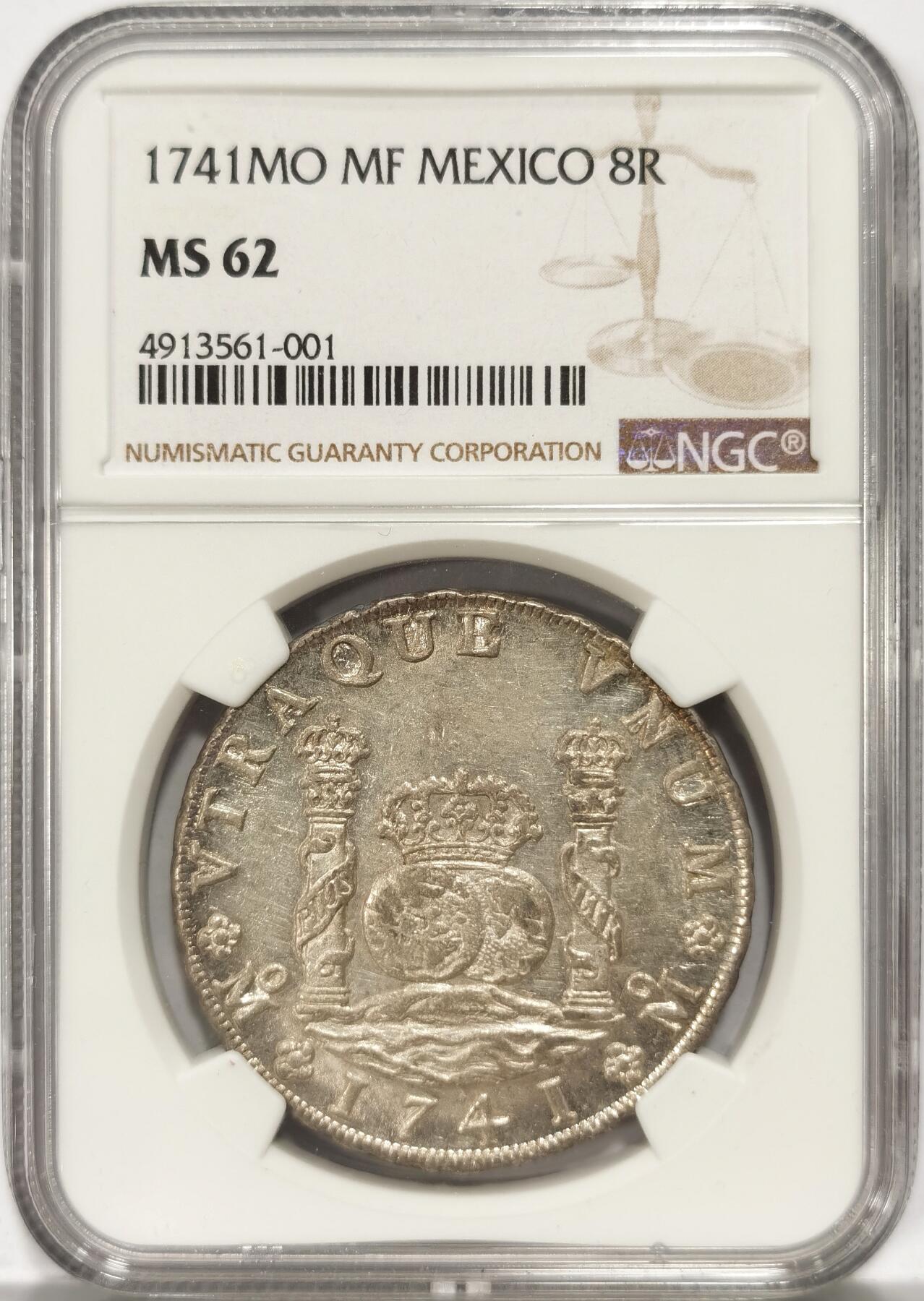 【麦稀奇世界钱币展】博洋堂“流萤染夏”六月精品专场暨第081期（全场包邮） NGC MS62 1741地球双柱，早期墨西哥地球双柱顶级藏品，作为世界贸易银币经典品种，近年伴随墨西哥经济发展大幅上涨，此枚原色银光，细节完美，可作为地球双柱代表性藏品