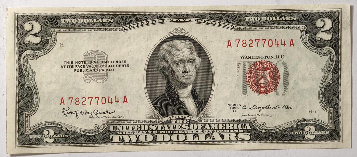 紫瑗钱币——第363期拍卖——纸币场 【双尾4】美国 1953年 C序列 托马斯·杰斐逊 2美元 红印 政府券 UNC-