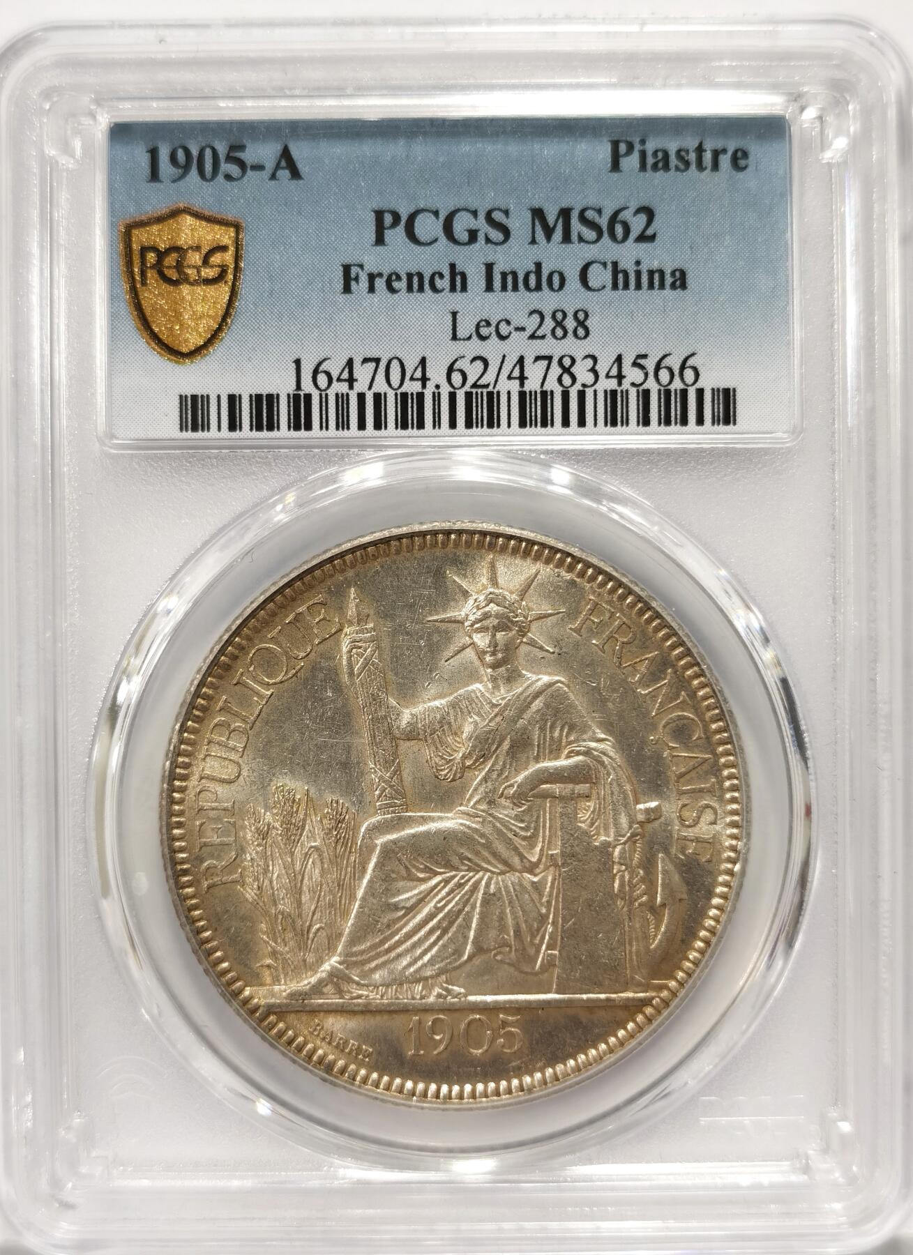 【麦稀奇世界钱币展】博洋堂“流萤染夏”六月精品专场暨第081期（全场包邮） 1905坐洋，PCGS MS62，包浆细节完美，此枚状态上乘，坐洋随越南经济发展有较高收藏潜力