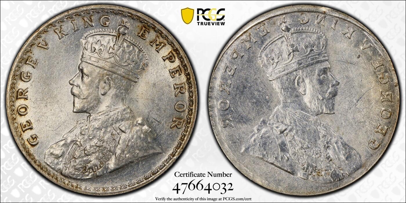 【麦稀奇世界钱币展】博洋堂“流萤染夏”六月精品专场暨第081期（全场包邮） 印度乔治六世1卢比，阴阳单面错铸银币，印度经典趣味品种，南亚印度玩家的必藏品种，PCGS AU58，状态好，两面头像打铸清晰