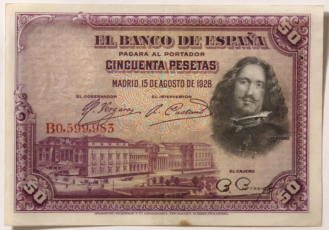 紫瑗钱币——第389期拍卖——纸币场 西班牙 1928年 油画《布雷达的献城》50比塞塔 UNC-