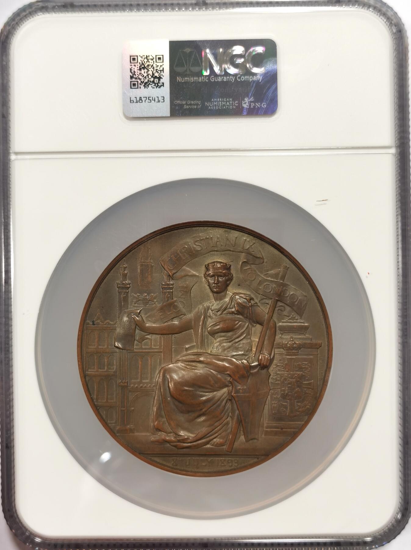 【麦稀奇世界钱币展】博洋堂“流萤染夏”六月精品专场暨第081期（全场包邮） NGC MS62 英国1893年伦敦金融城系列之丹麦国王克里斯蒂安九世夫妇访问伦敦。Frank Bowcher作品，77mm，铸造量仅450枚。