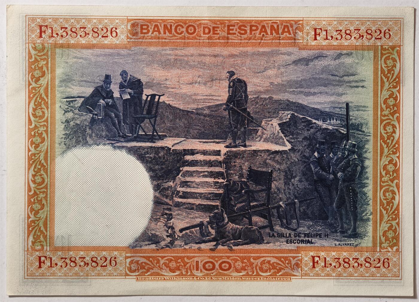 紫瑗钱币——第363期拍卖——纸币场 西班牙 1925年 油画《腓力二世的座椅》 100比塞塔 AU