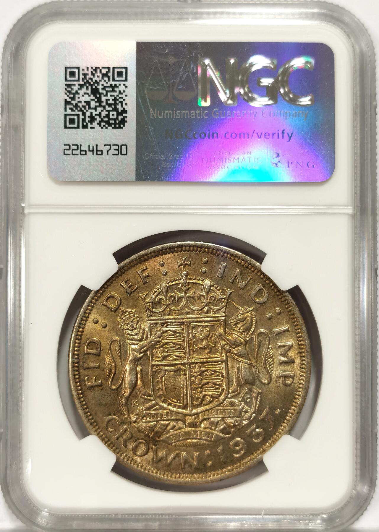 【麦稀奇世界钱币展】博洋堂“流萤染夏”六月精品专场暨第081期（全场包邮） NGC MS61 英国1937年乔六登基加冕1克朗，黄油彩，味道非常好的一枚币