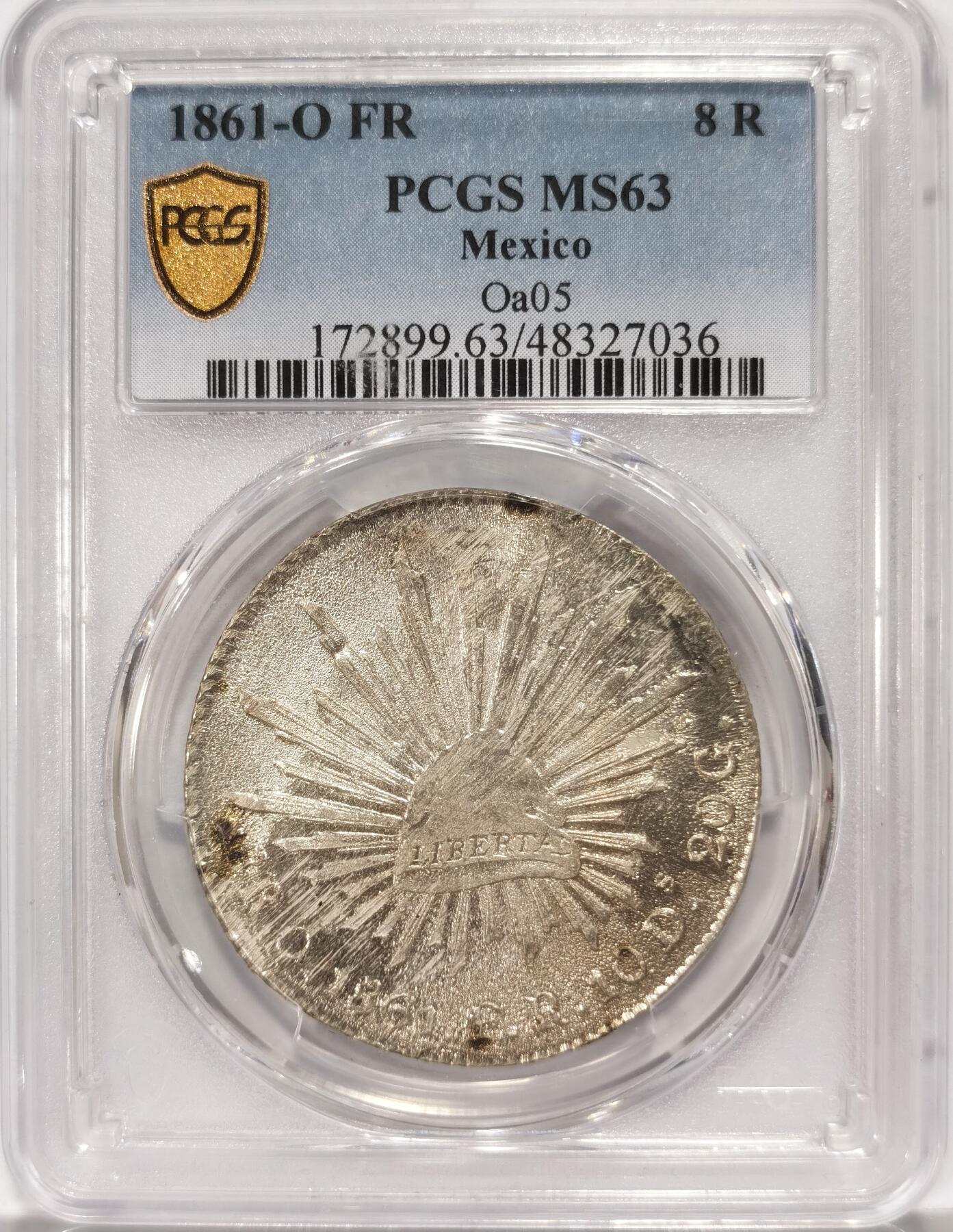 【麦稀奇世界钱币展】博洋堂“流萤染夏”六月精品专场暨第081期（全场包邮） PCGS MS63 墨西哥1861O FR鹰洋，早期O版高分热门品种，PCGS亚军分数，原色银光，鹰面打制犀利细节完美，是鹰洋领域顶级藏品