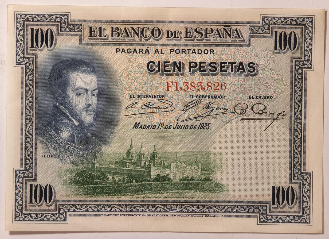 紫瑗钱币——第363期拍卖——纸币场 西班牙 1925年 油画《腓力二世的座椅》 100比塞塔 AU