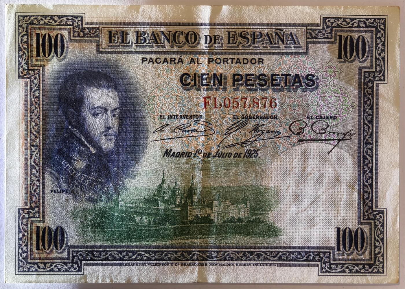 紫瑗钱币——第391期拍卖——纸币场 西班牙 1925年 油画《腓力二世的座椅》 100比塞塔 AU