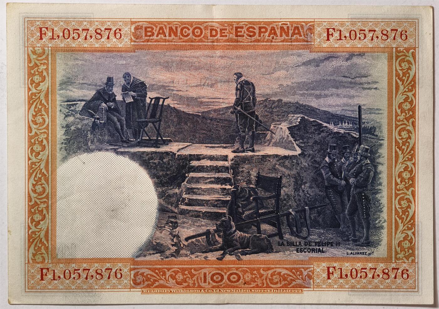 紫瑗钱币——第391期拍卖——纸币场 西班牙 1925年 油画《腓力二世的座椅》 100比塞塔 AU