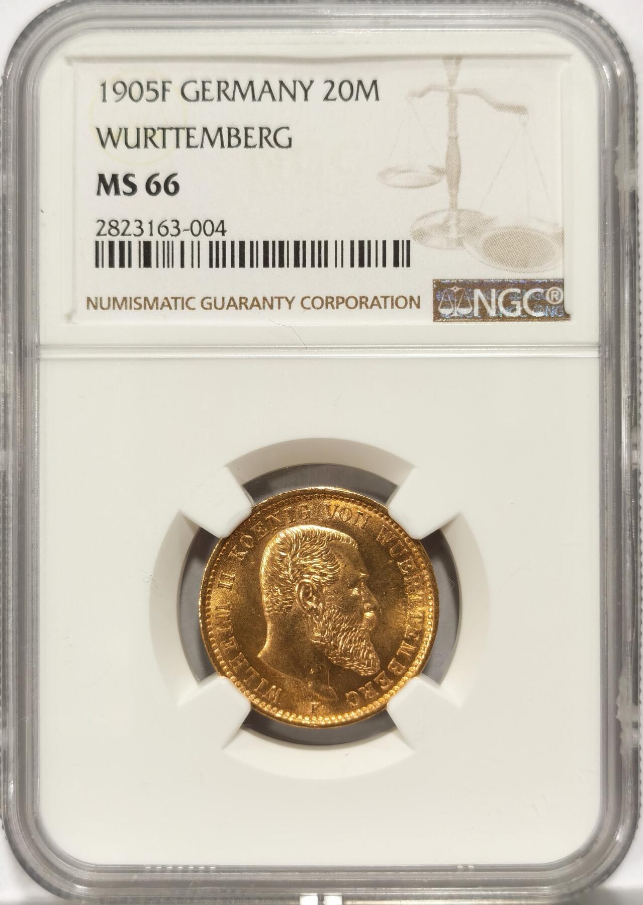 【麦稀奇世界钱币展】博洋堂“流萤染夏”六月精品专场暨第081期（全场包邮） NGC MS66 1905年德国符腾堡20马克金币，N、P双料唯一冠军分。66分的第二帝国20马克金币无论品种都非常少见，此枚66分也是国内公开市场首次见到66分的普制20马克金币。符腾堡20M铸造量相比于汉堡、普鲁士等常见品种而言非常稀少。出自欧洲藏家旧藏专场。最近金价暴涨，此枚也是不可或缺的核心资产