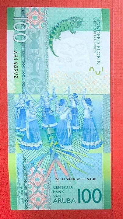 阿鲁巴2019年100弗罗林 A冠 首冠 美洲纸币 实物图 UNC