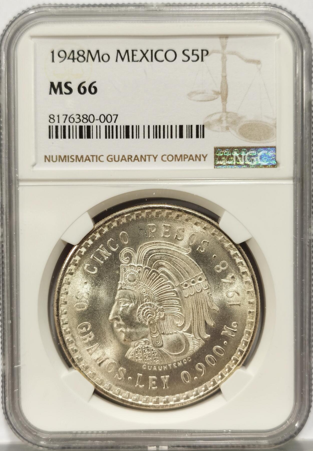 【麦稀奇世界钱币展】博洋堂“流萤染夏”六月精品专场暨第081期（全场包邮） NGC MS66 墨西哥1948年玛雅人5比索银币，卷拆第二天送评，超棒的BU品相