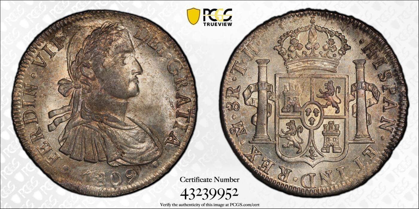 【麦稀奇世界钱币展】博洋堂“流萤染夏”六月精品专场暨第081期（全场包邮） PCGS MS62 墨西哥斐迪南七世军装版1809年双柱8R 底板有点呈镜面