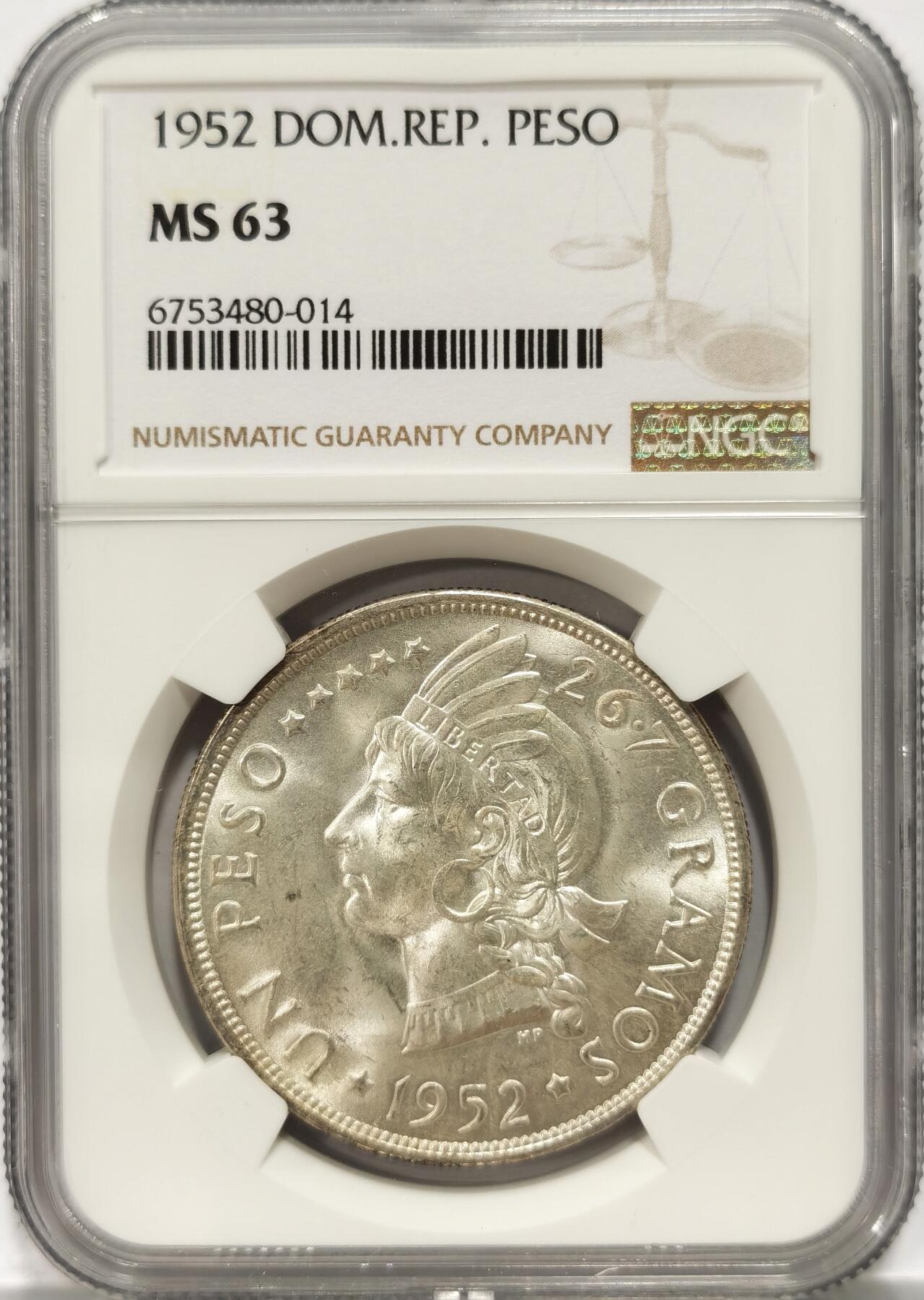【麦稀奇世界钱币展】博洋堂“流萤染夏”六月精品专场暨第081期（全场包邮） NGC MS63 多米尼加1952年女神1比索大银币，美洲热门品种，高分难得