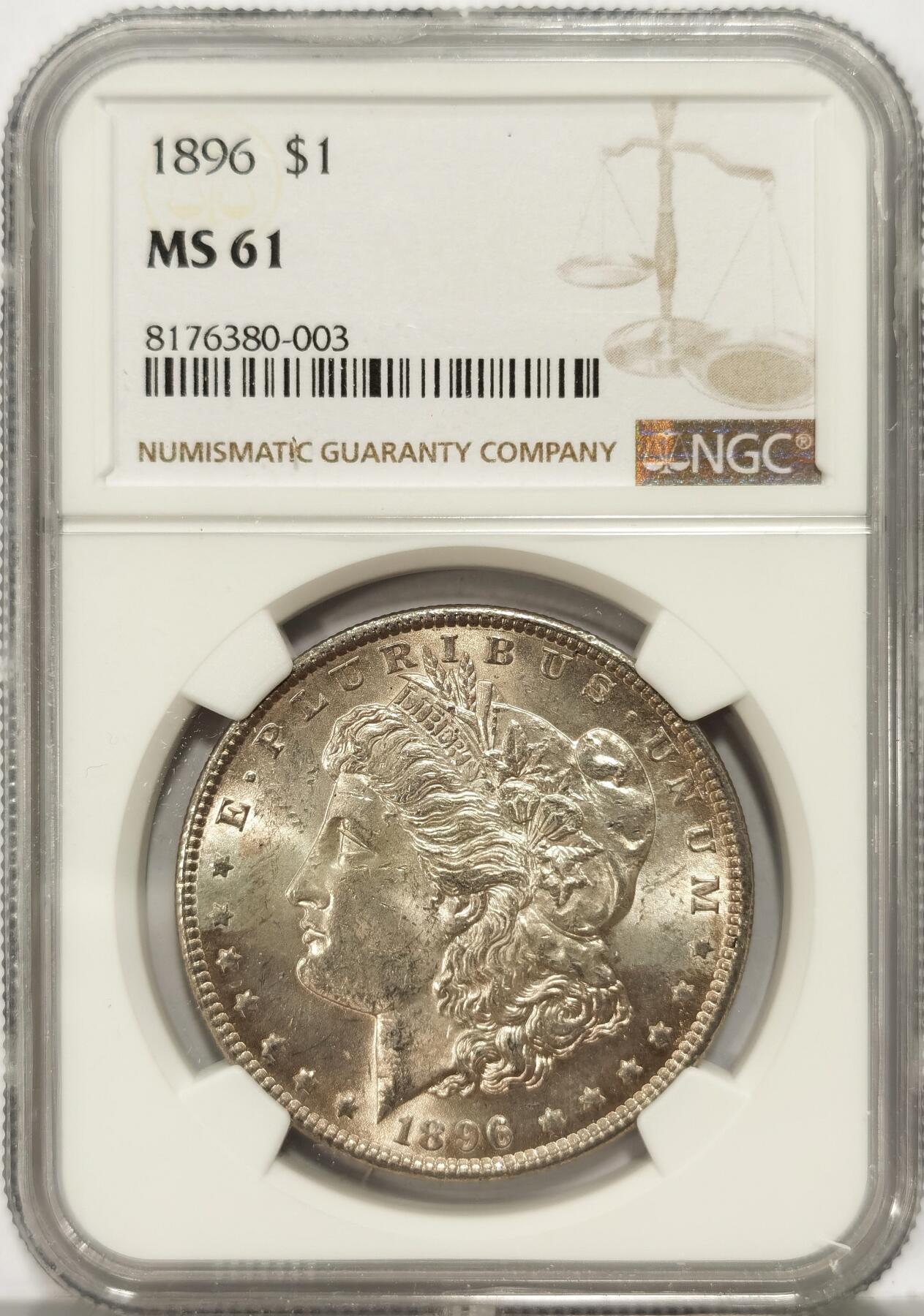 【麦稀奇世界钱币展】博洋堂“流萤染夏”六月精品专场暨第081期（全场包邮） NGC MS61 美国1896年摩根银币，币面无任何污染