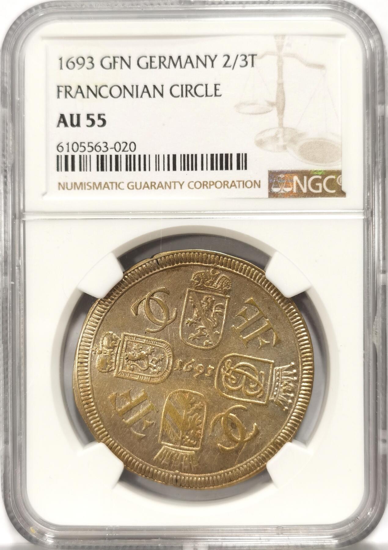 【麦稀奇世界钱币展】博洋堂“流萤染夏”六月精品专场暨第081期（全场包邮） NGC AU55 1693年德国法兰克尼亚帝国圈2/3泰勒银币 极少见的邦名 淡黄带彩的漂亮包浆 原物HA拍出720刀 神圣罗马帝国的帝国大区联合发行  班贝格主教、霍亨索伦家族的纽伦堡堡伯、帝国自由市纽伦堡、伯爵联合四个盾徽