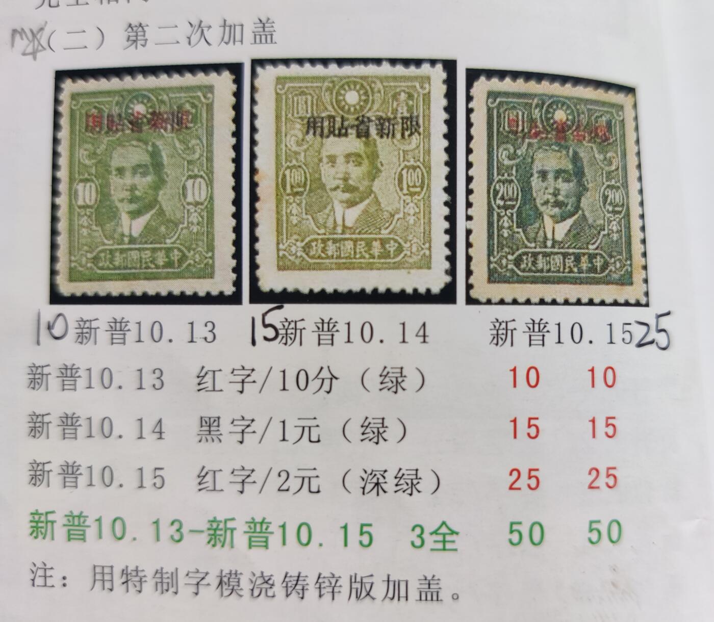 洪涛臻品批发群 精选邮票限时拍卖第六百四十五期  新普10中信版孙中山二次加盖 新全上品【图3十几年前邮商牌价50元】