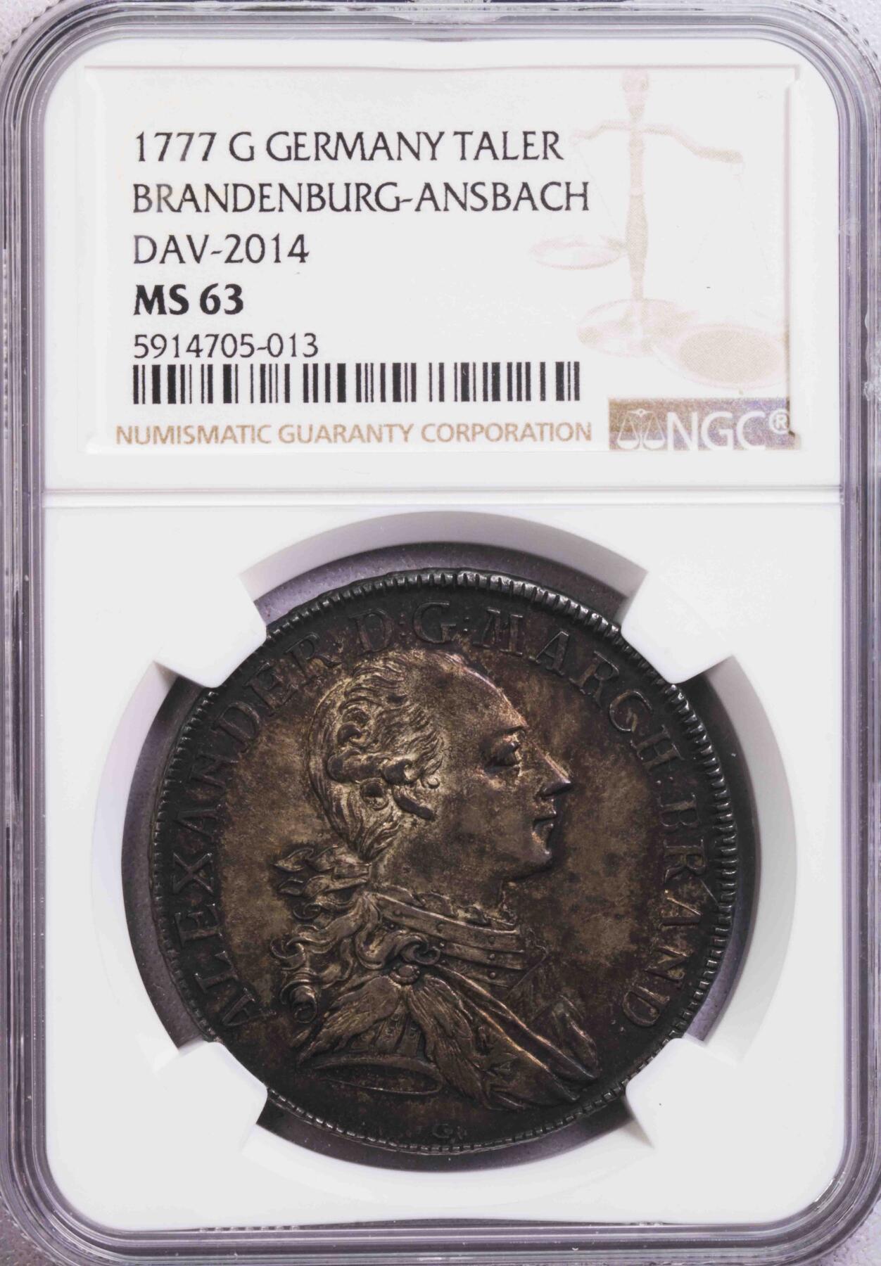 NGC-MS63 1777勃兰登堡安斯巴赫纹章泰勒 稀有品种